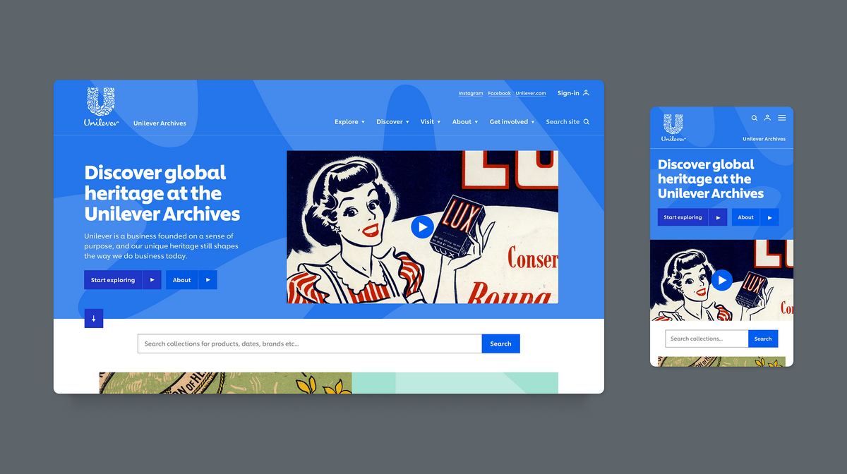 Image of Unilever Archives homepage with dynamic features and videos on desktop and mobile view